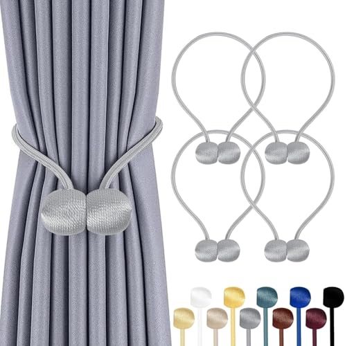 TopHomer Lot de 4 Embrasses Rideaux Magnétiques – 10 Couleurs, Corde Polyester Reinforcée – pour Salon, Chambre, Salle à Manger & Salle de Bain (Argenté)