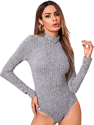 Floerns Women's Solid Leotard Long Sleeve Turtleneck Bodysuit Light Grey Ribbed M