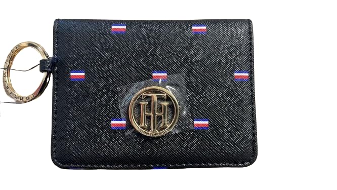 Tommy Hilfiger Wallet Card Holder Key Ring Real Leather Black with Logo, Black/White, Tarjetero, Casual