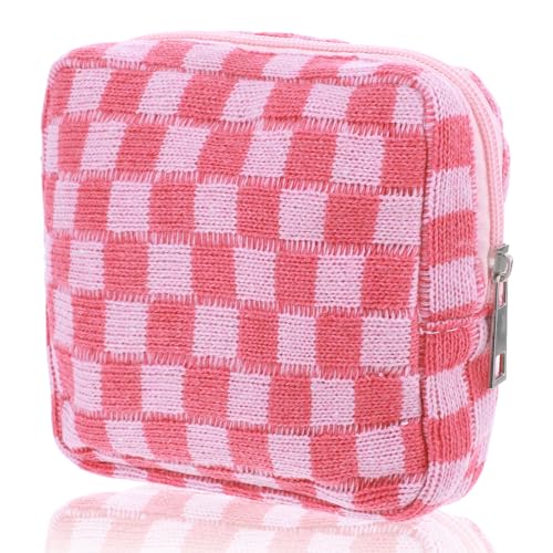 Image of Piriuuo Period Bag for Teen Girls, Corduroy Sanitary Napkin Storage Bag Portable Period Pouch with Zipper Pink Checkered Menstrual Pad Bag Soft Tampon Holder for Purse