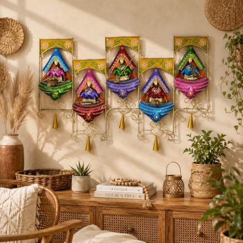 Image of iHandikart Handmade Metal Wall Art for Home Decor | 30 x 15 Inch Traditional Rajasthani Village Women Wall Sculpture | Multicolor Iron Wall Hanging Art for Living Room, Bedroom, Hallway & Office