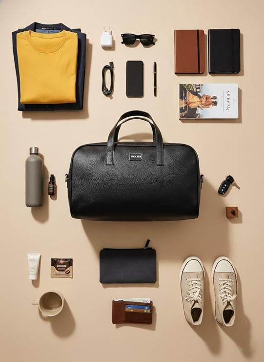 Image of Police Men's Brown Vegan Leather 40 L Duffle Bag | Premium Travel & Gym Bag | Top Handle Carry | Spacious & Durable Design | Black