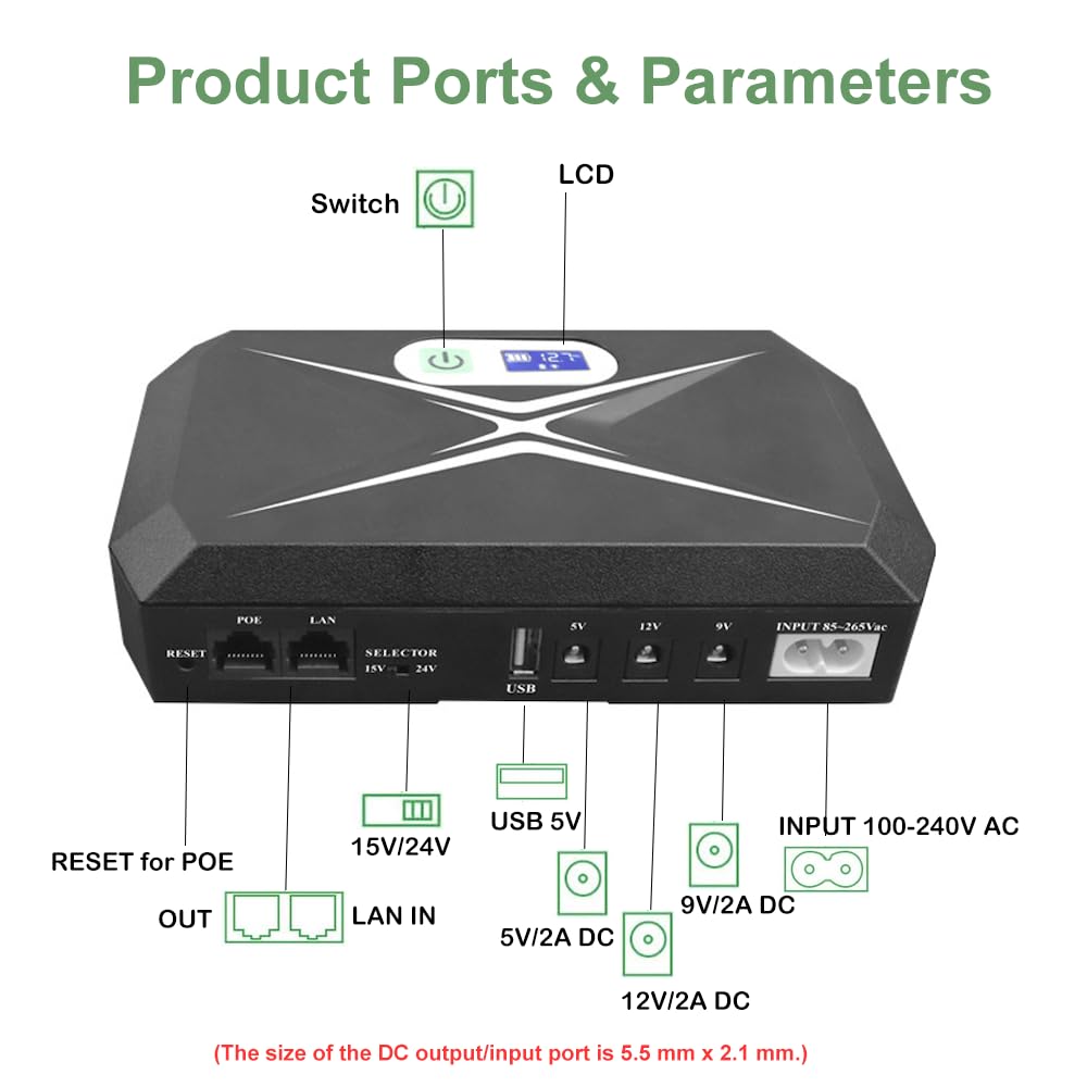 Mini UPS Batteria di Backup per Router con POE | 10400mAh, Uscita USB 5V/2A, DC 5V/9V/12V 2A, Per Modem, Telecamere di Sicurezza, Smartphone