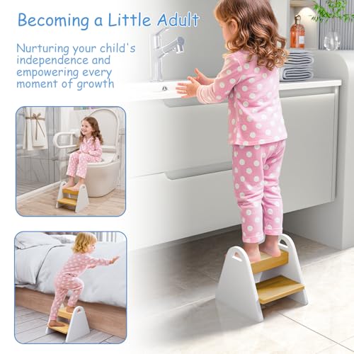 Toddler Step Stool, Wooden Step Stools for Kids, Kids Potty Training Stool with Handles, Rounded Corners Child Stepping Stool for Bathroom Sink, Kitchen, Bedroom (White) - Image 5