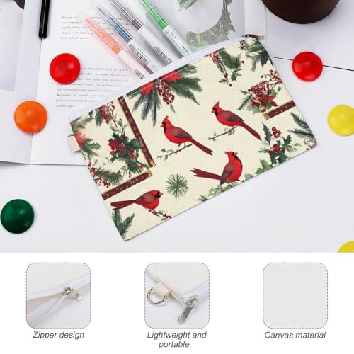Cardinal Birds Christmas Holly Fashion Coin Purse Change Makeup Bag Canvas Pencil Pouch Travel3