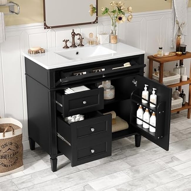 Maximize Bathroom Storage with Modern 36'' Vanity and Top Sink, Features 3 Drawers and Tip-Out Drawer, Stylish Black Finish