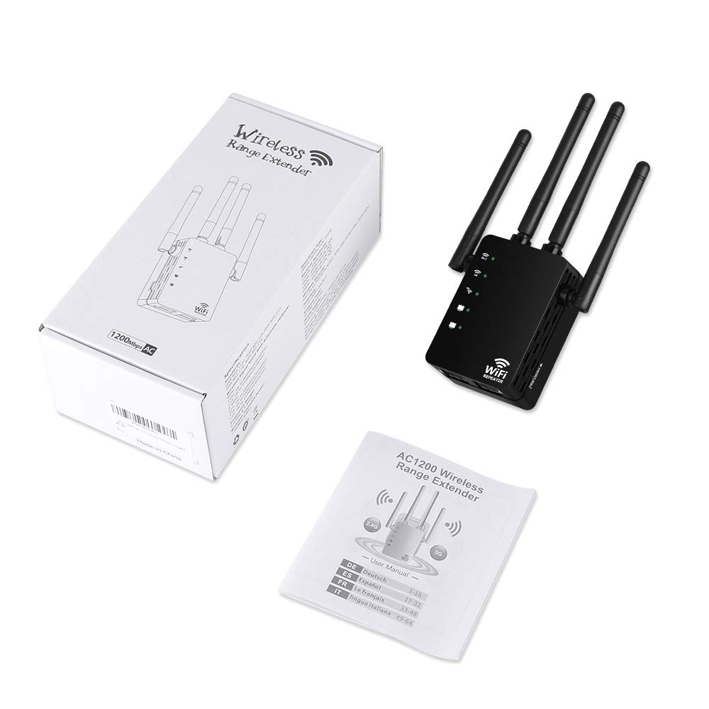 Répéteur WiFi Longue portée, Amplificateur WiFi AC1200 Double Bande 2.4GHz et 5GHz avec 4 Antennes Externes, Wifi Extender Mini Puissant avec 2 Port Ethernet, jusqu'à 120㎡ compatible toutes Box