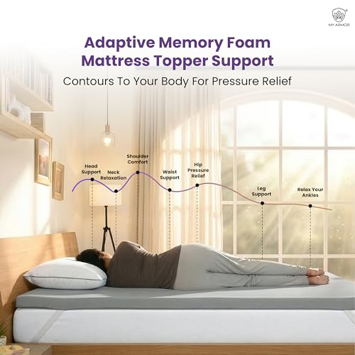 Image of MY ARMOR 2 Inch Memory Foam Mattress Topper, Soft Mattress Padding for Bed with Zipper Cover, Grey, Twin Size, 72 inchx72 inch (6 ft x 6 ft)