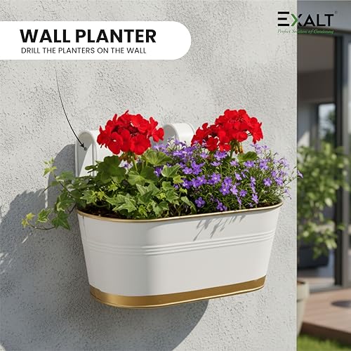 Image of EXALT 12 inch Oval Metal Railing Planter Set Premium Anti-Rust Balcony Hanging Flower Pot Outdoor Indoor Decorative (White Gold Pack of 5)