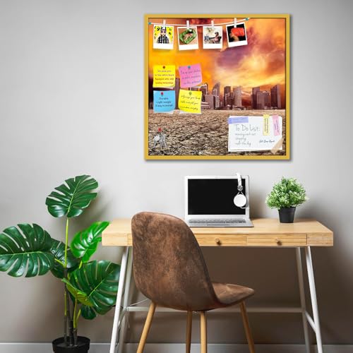 Image of ArtzFolio City Overlooking Desolate Desert | Bulletin Board Notice Pin Board | Vision Soft Board Combo with Thumb Push Pins & Sticky Notes | Golden Frame | 20 x 20 inch (51 x 51 cms)