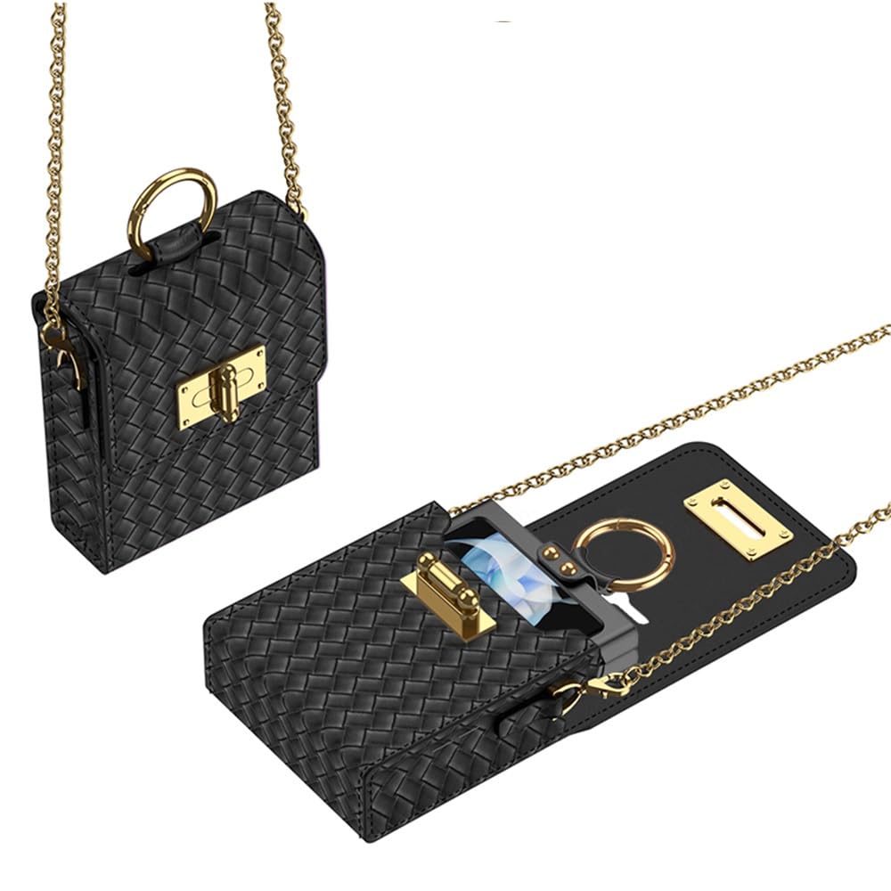 QooseaBag Case for Samsung Galaxy Z Flip 5/1/2/3/4 with Metal Shoulder Strap Soft Skin-Friendly Back and Hand-Lifting Dual-use Bag PU Crossbody Phone Cover for Galaxy Z Flip 5/1/2/3/4 (Black)