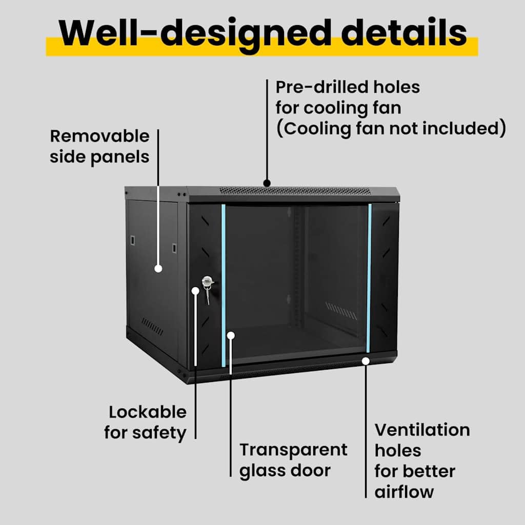 vidaXL Armoire réseau avec Stockage Noir 60 x 60 x 50 cm Acier, Solutions de Rangement Bureau, Armoire Solide, Technologie Murale, Serveur Industriel, Organisateur électronique