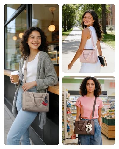 Image of BAGSMART Mini Tote Bag for Women, Puffer Quilted Crossbody Purses, Zipper Closure for Work Travel College, Coffee | 6L Mini tote