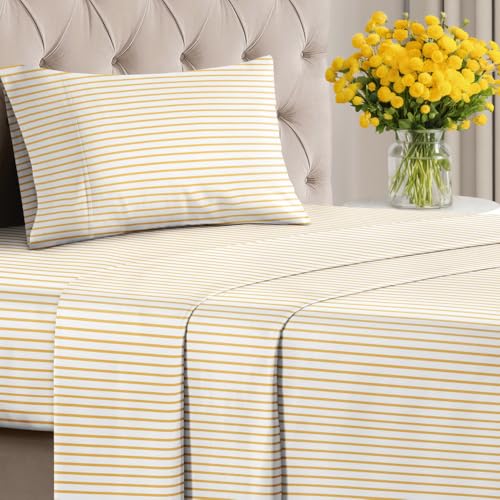 Image of Twin 3 Piece Striped Sheet Set - Soft & Cooling - Yellow Pencil Stripes | 1 Flat, 1 Fitted & 1 Pillowcase w / Deep Pockets, Luxury Striped Bedding, Soft, Breathable & Cooling, Wrinkle & Fade Free