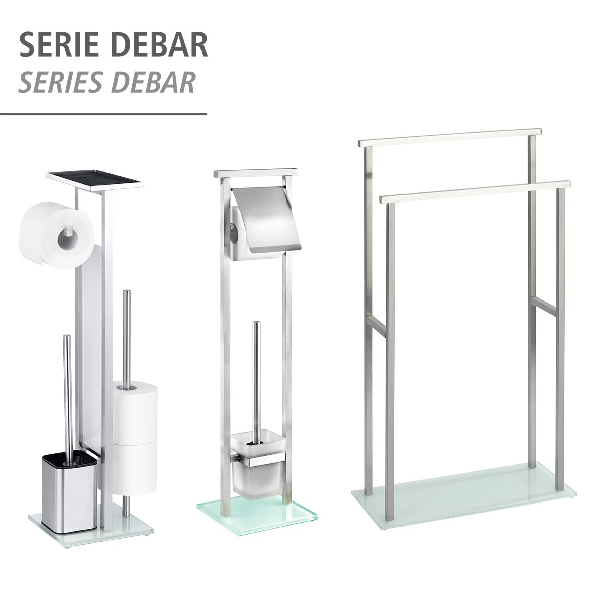 WENKO Stand WC-Garnitur Mod. Debar Kombination aus Edelstahl und Glas inkl. Bürste Ø 7,5 cm Maße 18 x 73 x 18 cm Farbe weiß satinierte Oberfläche
