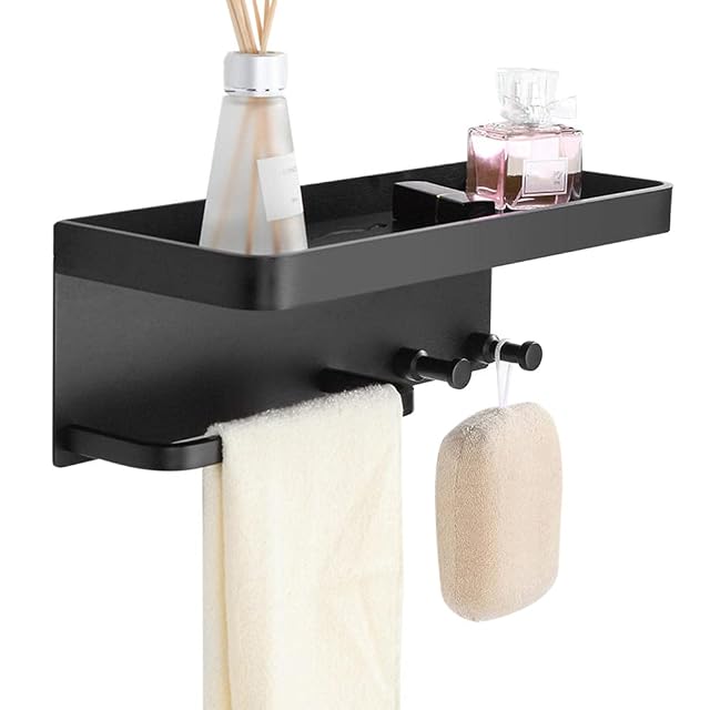 Shower Shelf with Hook Shower Caddy No Drilling Shower Caddie Adhesive with Towel Bar Wall Mounted Space Aluminum