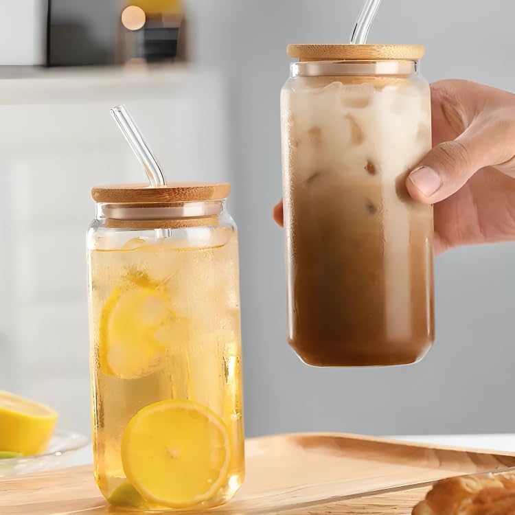 Image of Glass Mug with Bamboo Lid and Straw, 510ml, for Cold Drinks, Smoothies, Coffee(Pack of 1) (Transparent)