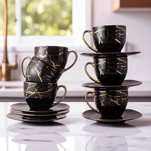 Image of Bone China Gold Line Diamond Cup with Saucer Set of 12 Pcs | Tea /Coffee Cups 200 ml | Microwave & Dishwasher Safe | Bone-Ash Free | Crockery Set Ideal for Daily Use & Gifting (Black)