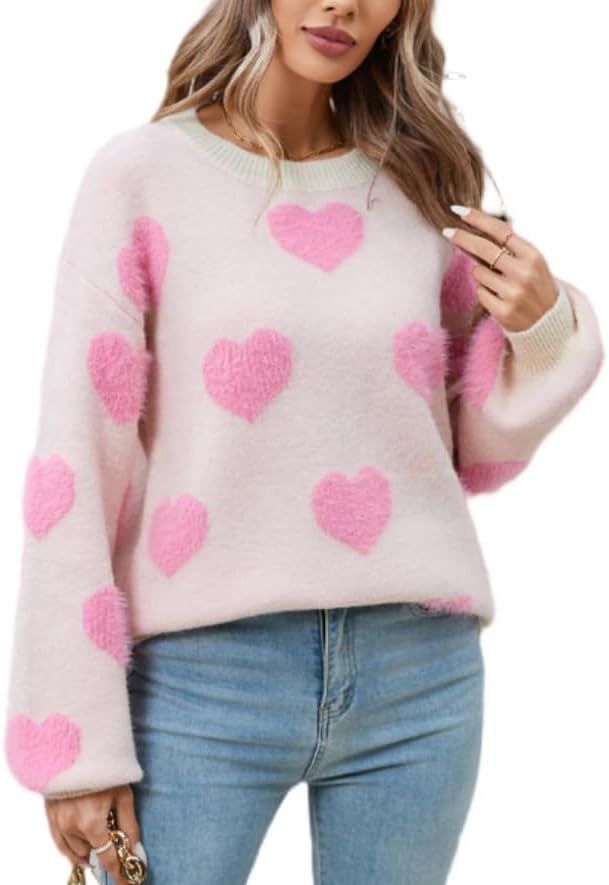 Cute Pink Heart Sweater for Women Knitted Love Sweaters Tops Holiday Outfits Crewneck Long Sleeve Pullover Shirts