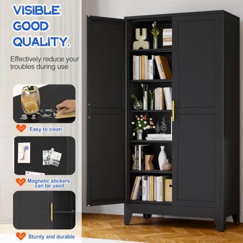 Image of GAIOUS 79 inch Tall New Update Kitchen Pantry Cabinet, Metal Storage Cabinet | with 2 Doors and 5 Adjustable Shelves, Steel Cupboard for Kitchen Dining Bathroom Bedroom, Black, Freestanding, Wider Deeper