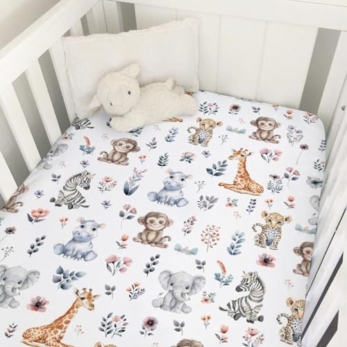 Image of Jungle Safari Animals Boho Floral Baby Crib Sheets 52''x28'' Leopard Elephant Giraffe Zebra Hippo Monkey Stretchy Fitted Crib Mattress Cover for Boy Girl Bed Sheet for Standard Crib Toddler Mattress