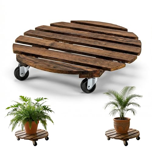 BUOSHUO Porte Plante a roulettes en Bois,Rondes Chariot à Plantes,Ø 30cm,Capacité Charge 120...