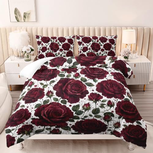Image of AILONEN Wine Floral Full Duvet Set 3 Piece, 1 Comforter + 2 Pillowcases, Large Rose Heads Dark Green Foliage Crisp White Background for Elegant Guest Room