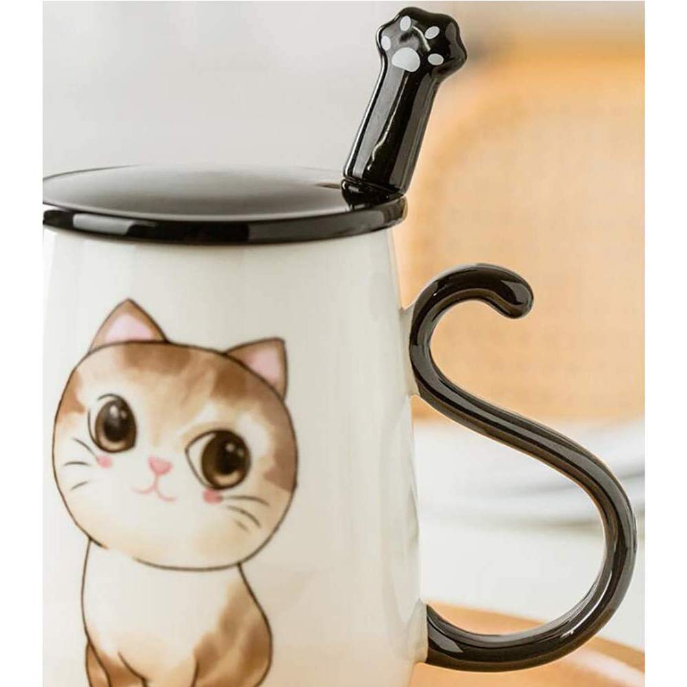 ZHOUXIAO Simpatica Tazza in Ceramica di Gatto con Coperchio e Cucchiaio, Tazza in Ceramica per caffè, Coppie Tazza da caffè per tè al Latte per Ragazze, Tazza da Viaggio in Ceramica Manico (F)