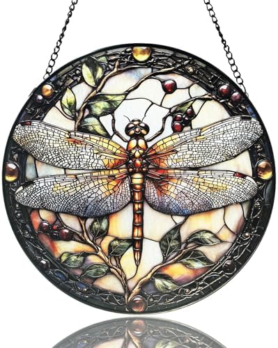 Stained Glass Sun Catcher,A Dragon-flyStained Glass Window Hanging Garden Decor,Sun Catchers Indoor Window,Whimsical Decoration for Home Backyard Patio Lawn Porch with 6.3 INCH