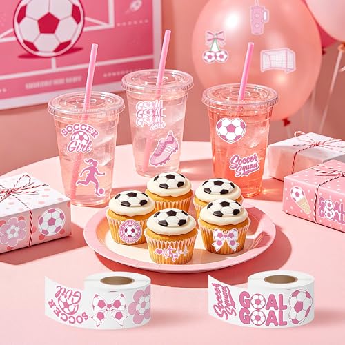 Image of Pink Soccer Stickers Roll - 16 Designs Premium Waterproof Vinyl Football Self Adhesive Decals for Girls Women Team Water Bottle Laptop Scrapbook Party Favors Gift