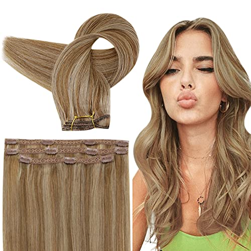 RUNATURE 12 Inch Clip in Hair Extensions Human Hair Dark Blonde Highlighted Golden Brown Human Hair Clip in Extensions 50g 3PCS #10P16 Real Hair Extensions Clip in Human Hair