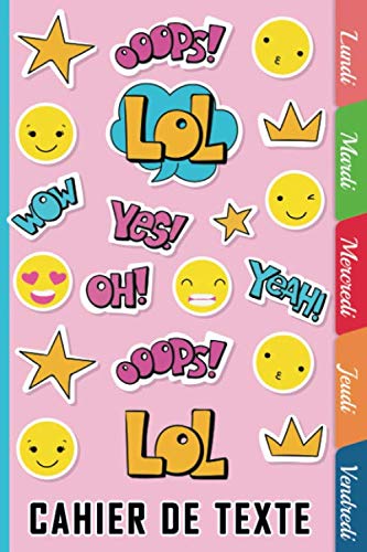 Cahier de texte scolaire 17x22 cm,Papier Seyes Grands Carreaux, onglets hebdomadaires pour se repérer facilement - format pratique pour les cartables -thème Smile emoji
