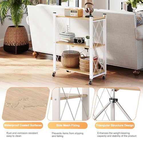 Image of 3 Tier Folding Shelf with Wheels, Metal Steel Collapsible Shelves | No Assembly, Portable Folding Storage Shelves, Rolling Standing Utility Rack for Kitchen, Office, Bedroom, Natural