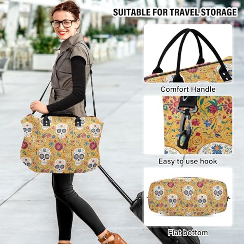 Duffel Bag Set for Travel Gym Sport, Weekender Bag Carry on Overnight Bags for Women Men-Abstract Skull Floral Print4