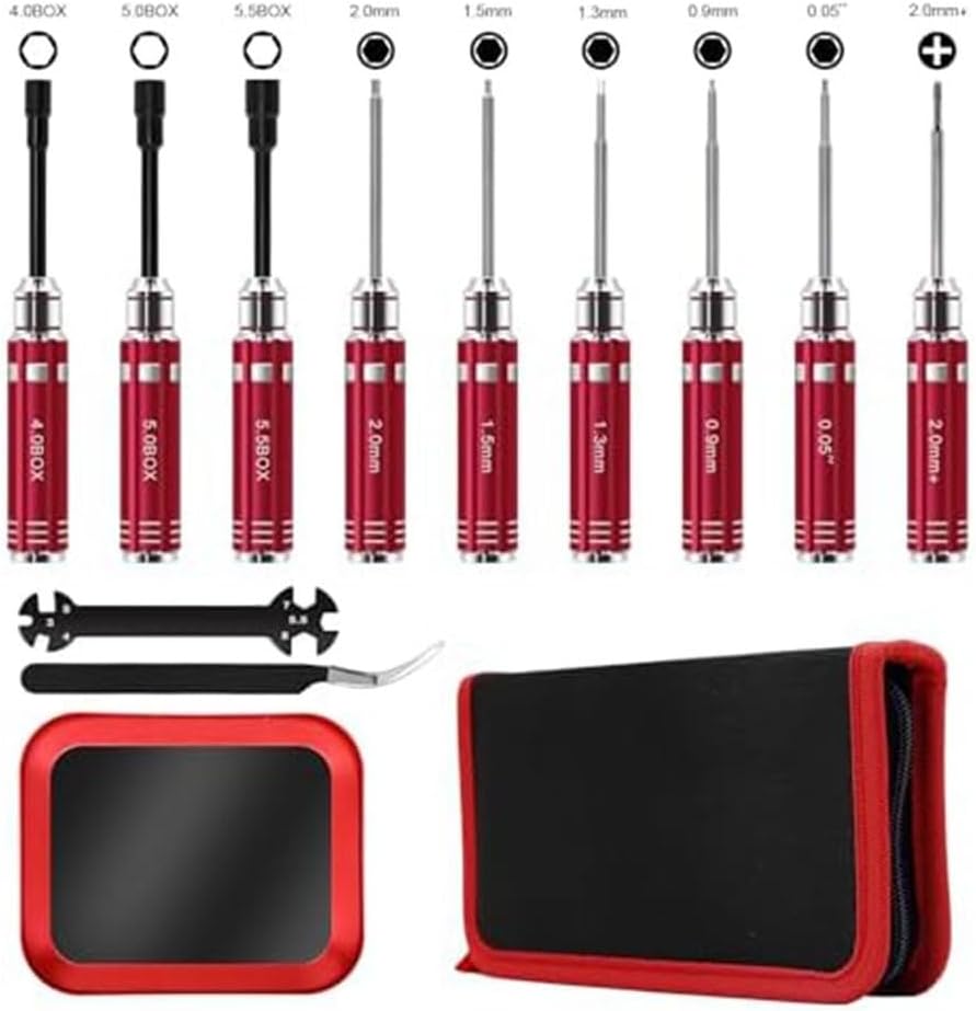 RC Car Tool Kit 12-Piece Screwdriver Set with Pliers and Wrench for Quadcopter Helicopter Airplane Boat Repair Red Storage Case