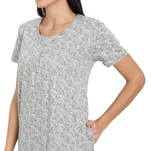 Image of BLAZON Women's Cotton Hosiery Elegant Maxi Nightdress with Lace Detailing, Floral Print, Pockets & Half Sleeves