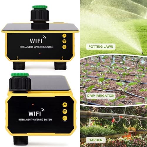 Timer di irrigazione solare WiFi con controllo intelligente tramite app, sistema di irrigazione automatico a 1/2 uscite, sensore pioggia, programma programmabile per giardino, prato, serra (1 presa)