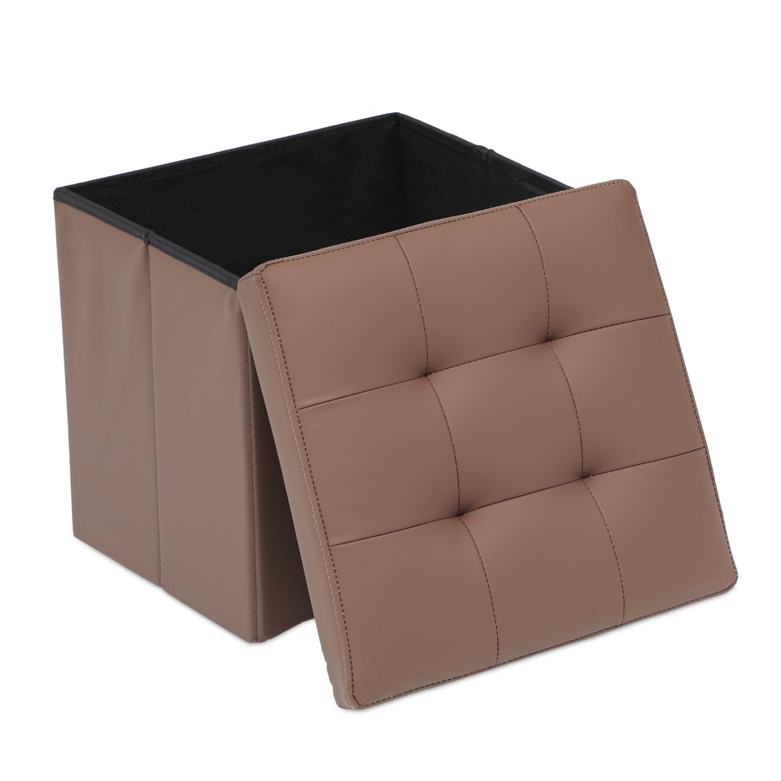 Photo 1 of 15" Storage Ottoman Bench Folding Bench with 40L Hidden Storage, Small Cube Ottoman PU Leather Foot Rest Stool Chest with Flipping Lid for Living Room, Bedroom, Entryway, Brown