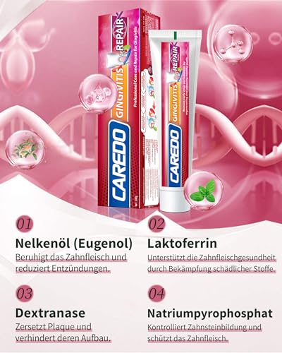 CAREDO Zahnpasta, Verhindert Zahnfleischentzündung, Repariert Empfindlichkeit und Zahnfleischbluten, Stärkt die Zahnfleischbarriere, Minzgeschmack, 100g Pro Tube – Bild 5