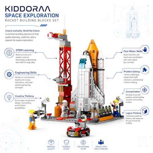 Image of Space Exploration Rocket & Launcher Building Blocks Set, 521+ PCS STEM Aerospace Construction Model Kit for Kids | Educational Building Toy | 1 Year Manufacturing Warranty