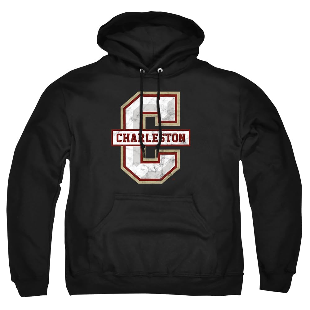 College of Charleston Official Distressed Primary Unisex Adult Pull-Over Hoodie, Black, X-Large