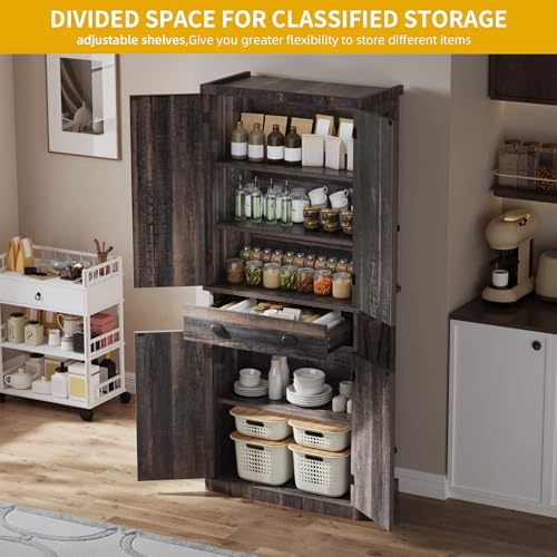 DWVO 72'' Farmhouse Kitchen Pantry, Rustic Wood Kitchen Storage Cabinets with Adjustable Shelves & Drawer, Tall Freestanding Cupboard for Dining Room, Living Room, Dark Gray