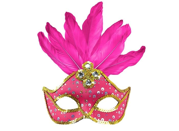 Lot de 12 - Masque Loup Neon Fluo Rose avec Plumes Luxe Adulte
