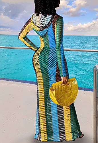 Image of YouSexy Women's Sexy Swimsuit Maxi Dress Cover Up Long Sleeve Hollow Out Fishnet See Through Summer Beach Swimwear