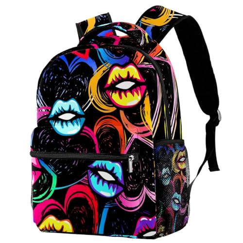Sac à dos d'école multicolore à motifs lèvres pour filles et adolescents 40cm
