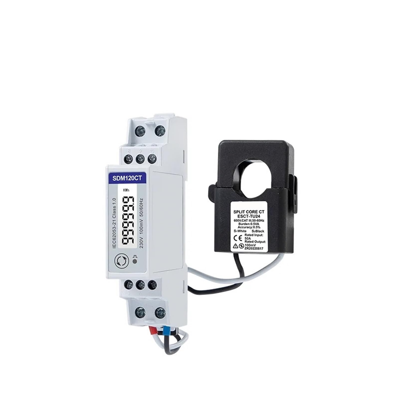 Compteur d'énergie SDM120CT-MV+TU24 100A/0.1V CT, 1 Phase 2 Fils, 230V, RS485 Modbus, Mesure kwh,kvarh Hz, Compteur d'énergie sur Rail DIN, Mid