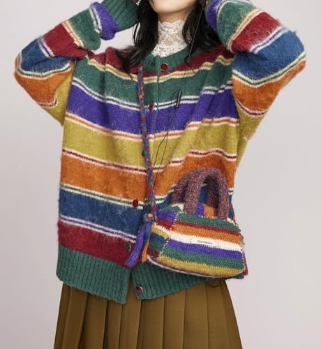 CHARTOU Women Striped Cardigan Sweaters Fall Trendy Rainbow Color Block Open Front Sweater Coats2