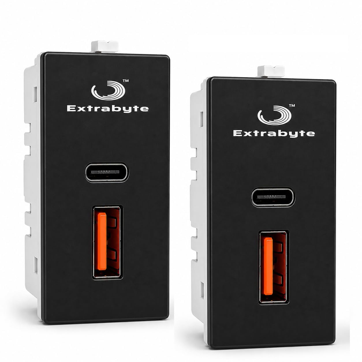 USB Charger Modular Socket (Type A & Type C), Black, Set of 2 | Standard Charging Modular Wall Socket, For Mobile, Tablet & Devices, USB Charging Module for Switch Board