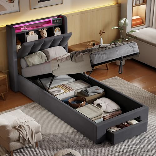 okwish Cama tapizada 90 x 190 cm con LED, USB y enchufe, cabecero con espacio de almacenamiento, cama hidráulica con cajonera y cajones, para jóvenes y cama individual, terciopelo gris oscuro, sin