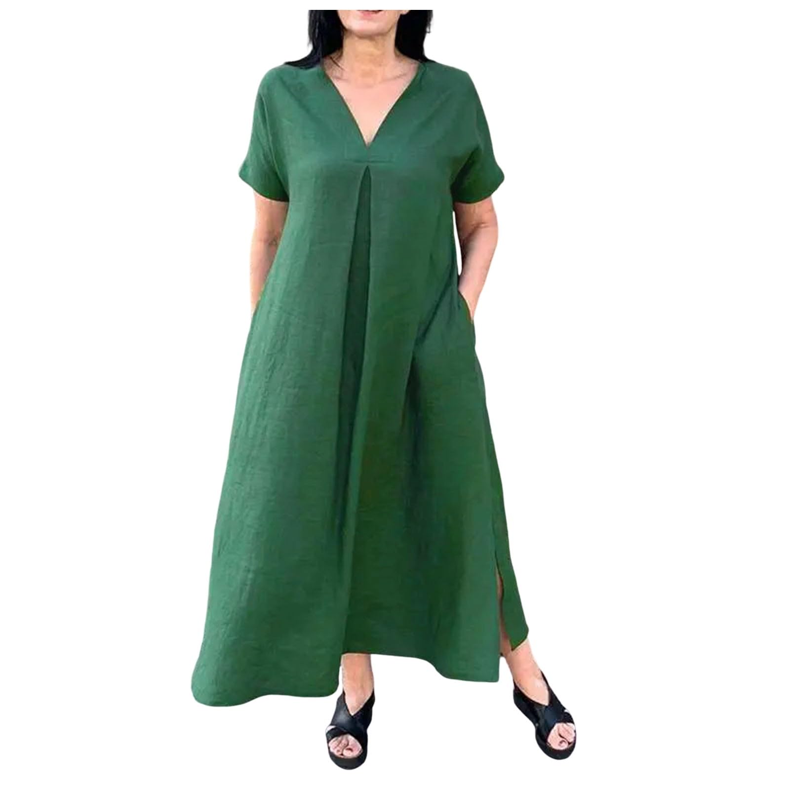 Generic Vestidos Manga Larga Vintage Vestido de Bolsillo con Cuello en V de Manga Corta Vestido Suelto Casual Promesas Vestidos Mujer